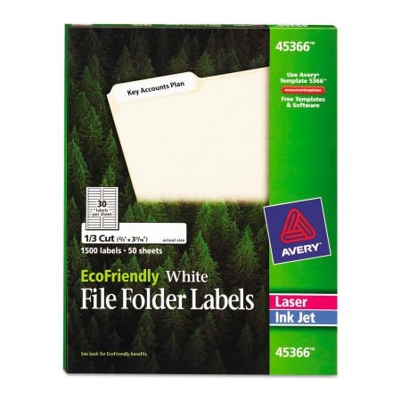 Avery File Folder Label, 21/32" Label W, 30 Labels per Sheet White 45366